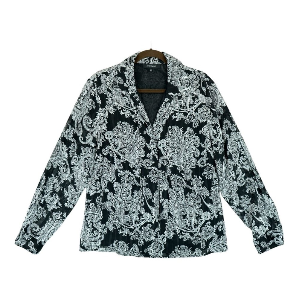 Jones Wear Sheer Lined Black Women Paisley Button Front Long Sleeve Blouse Sz 14